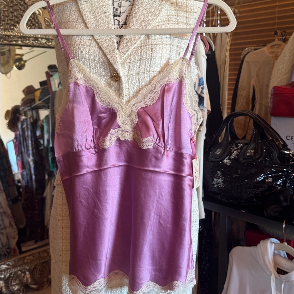 Gold Hawk Washable Silk Purple & Vanilla Lace Cami, New